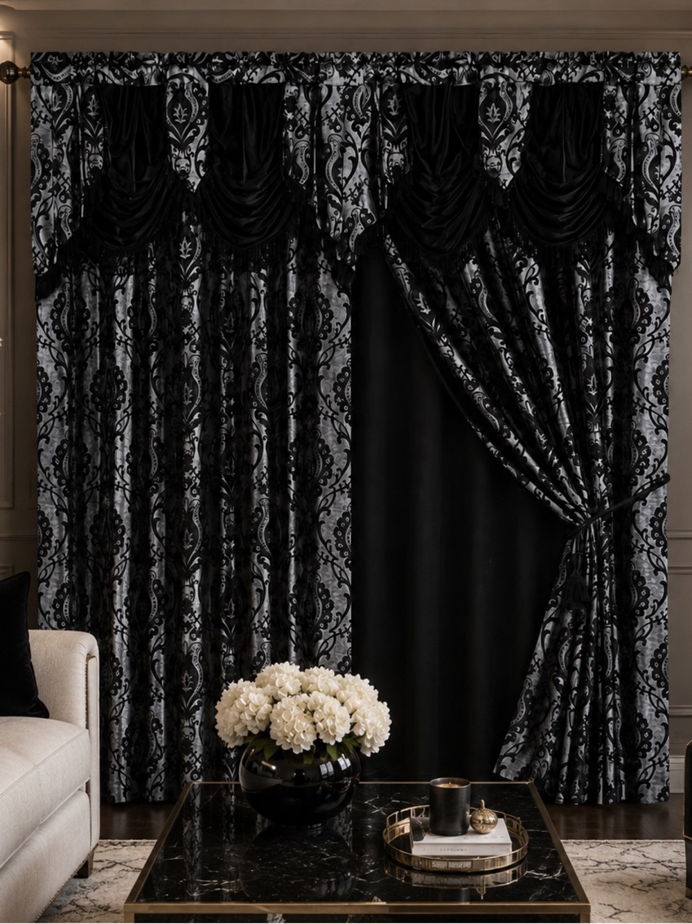 Elegant Black Damask Velvet Window Curtain Panel - Home Accents